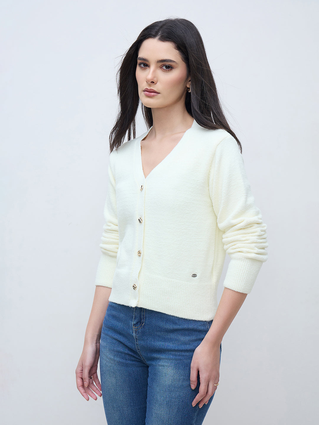 Elle Women Off White Textured V Neck Sweater