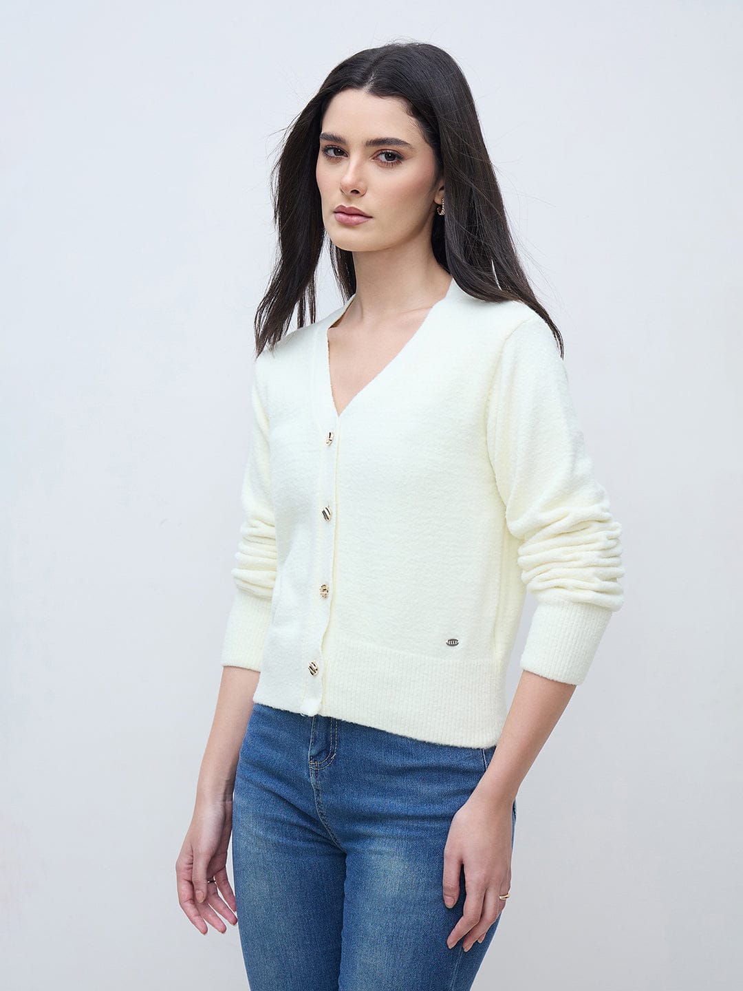 Elle Women Off White Textured V Neck Sweater