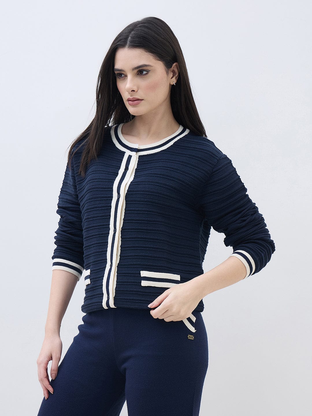 ELLE Women Navy Blue Textured Round Neck Regular Fit Sweater