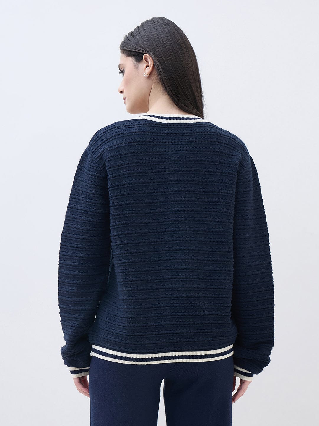 ELLE Women Navy Blue Textured Round Neck Regular Fit Sweater