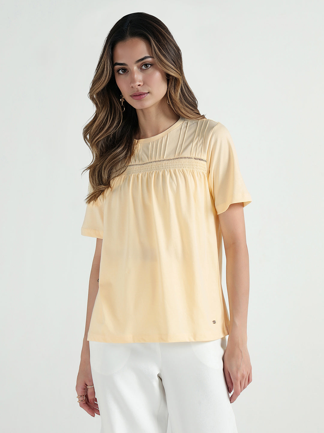 Elle Women Yellow Solid Round Neck Tshirt