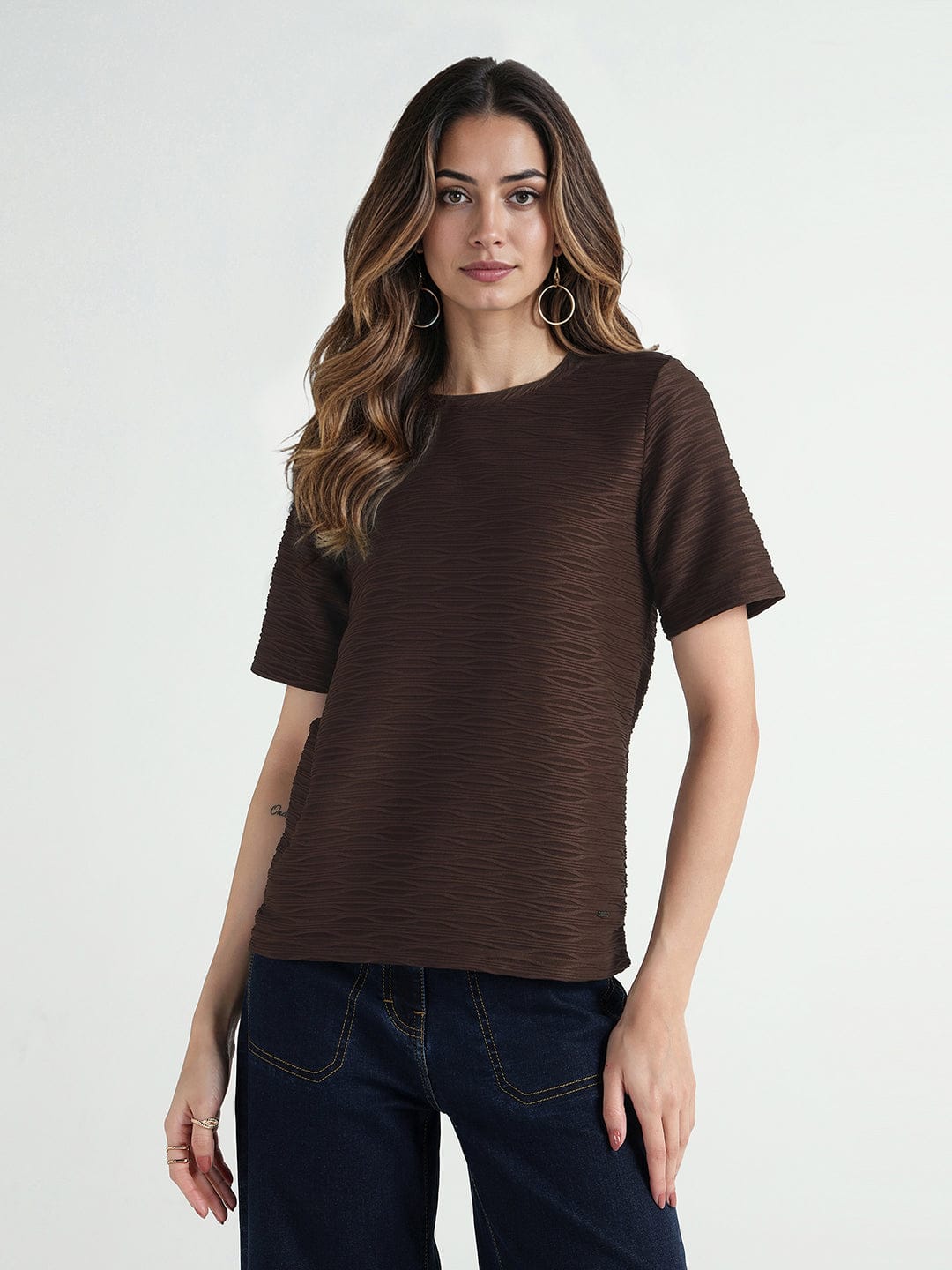 Elle Women Brown Textured Crew Neck Tshirt