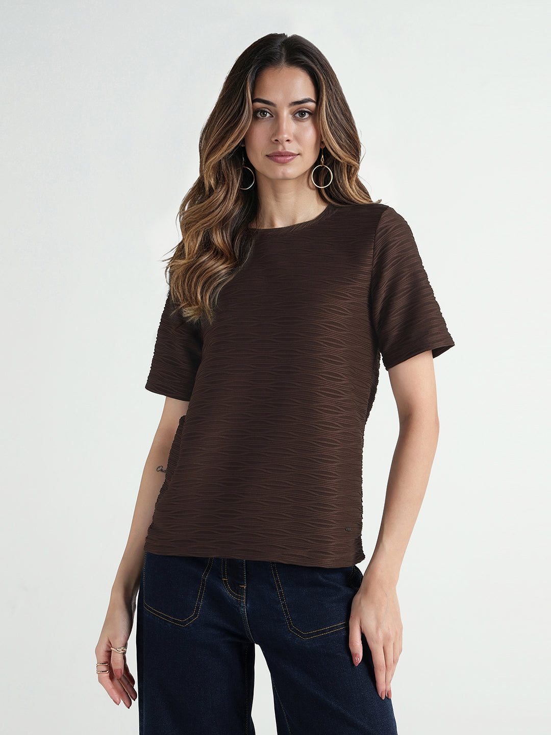Elle Women Brown Textured Crew Neck Tshirt