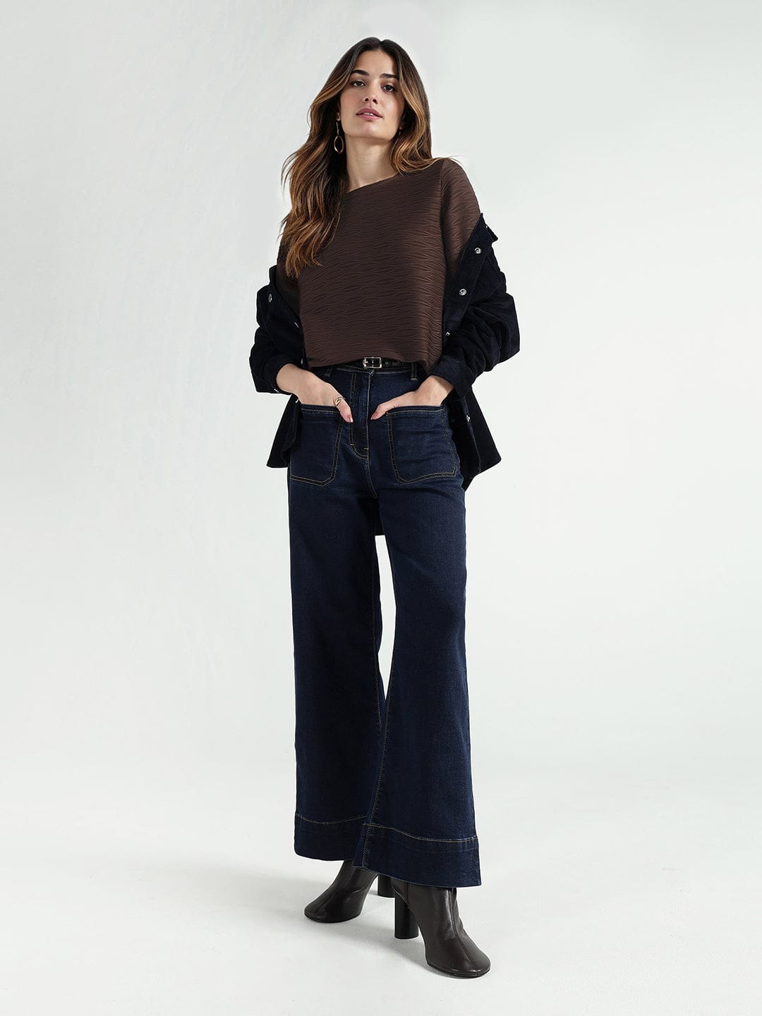 Elle Women Brown Textured Crew Neck Tshirt