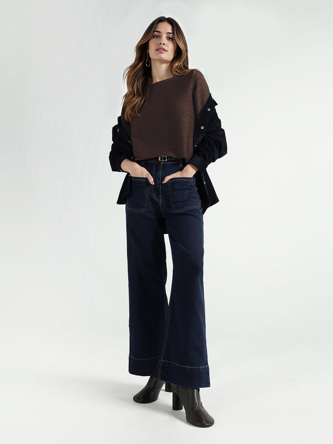 Elle Women Brown Textured Crew Neck Tshirt