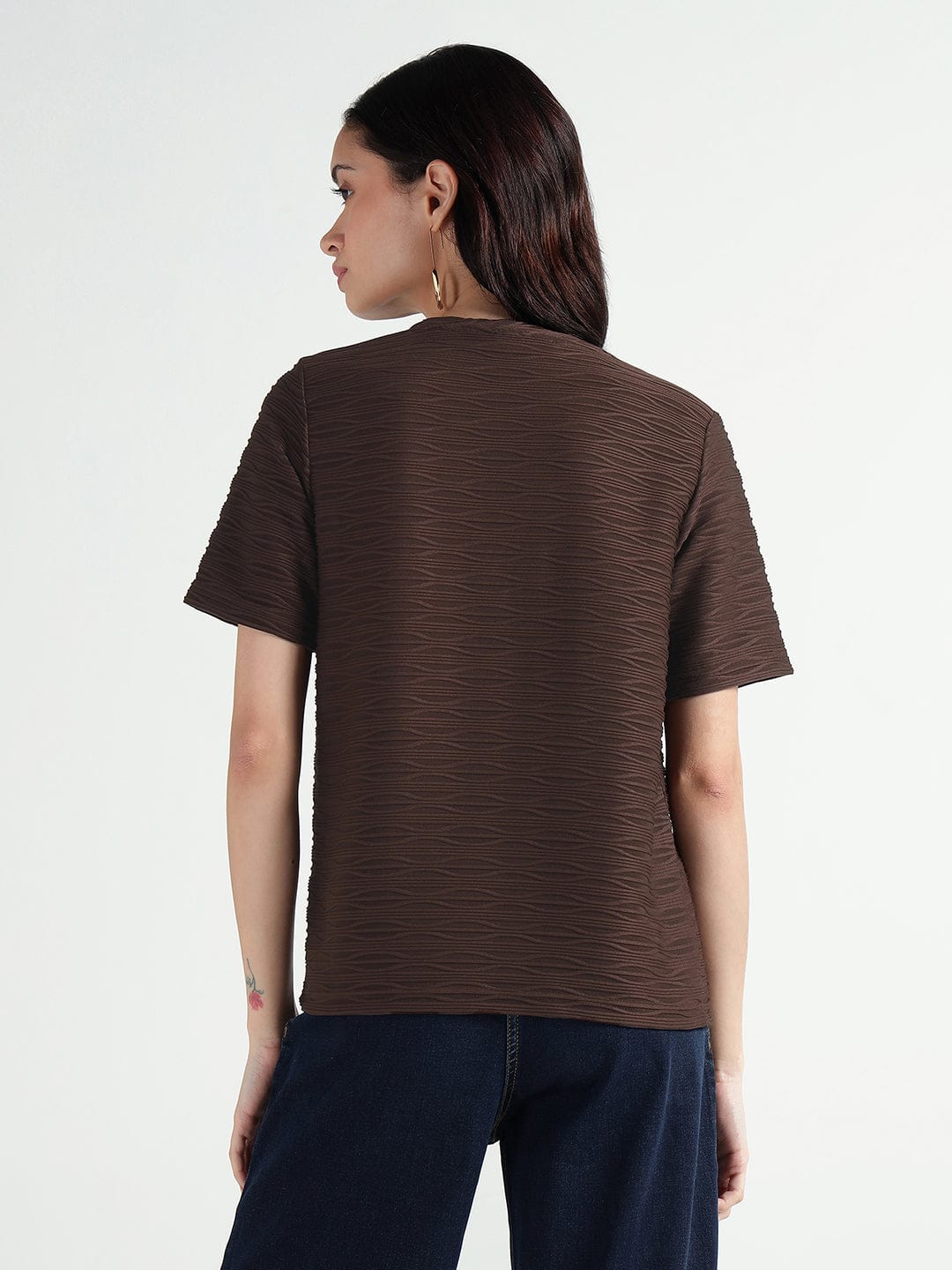Elle Women Brown Textured Crew Neck Tshirt