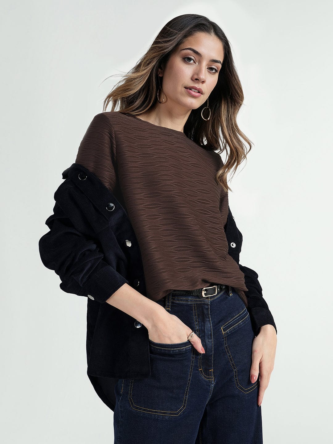 Elle Women Brown Textured Crew Neck Tshirt
