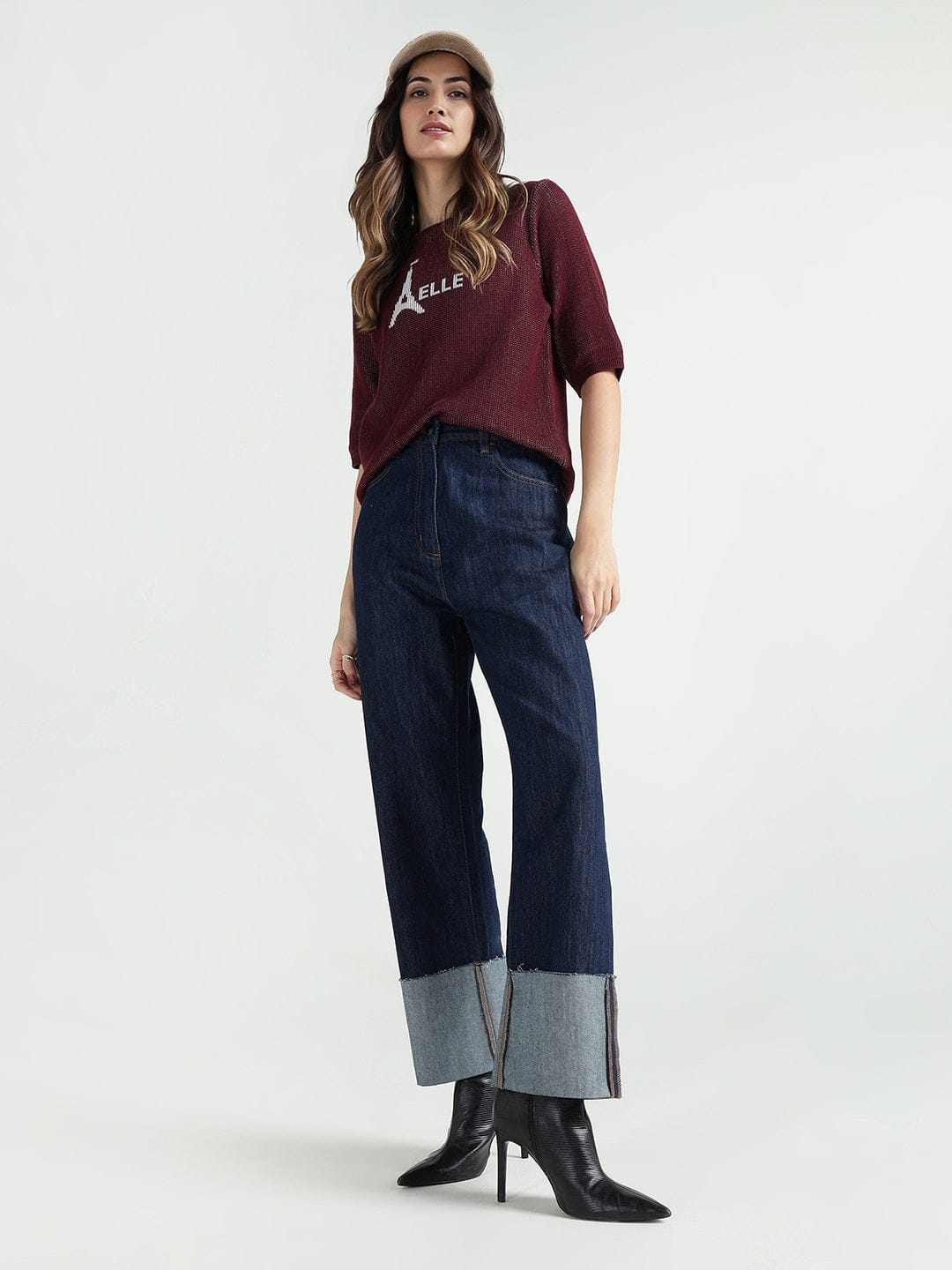 Elle Women Red Knitted Round Neck Tshirt