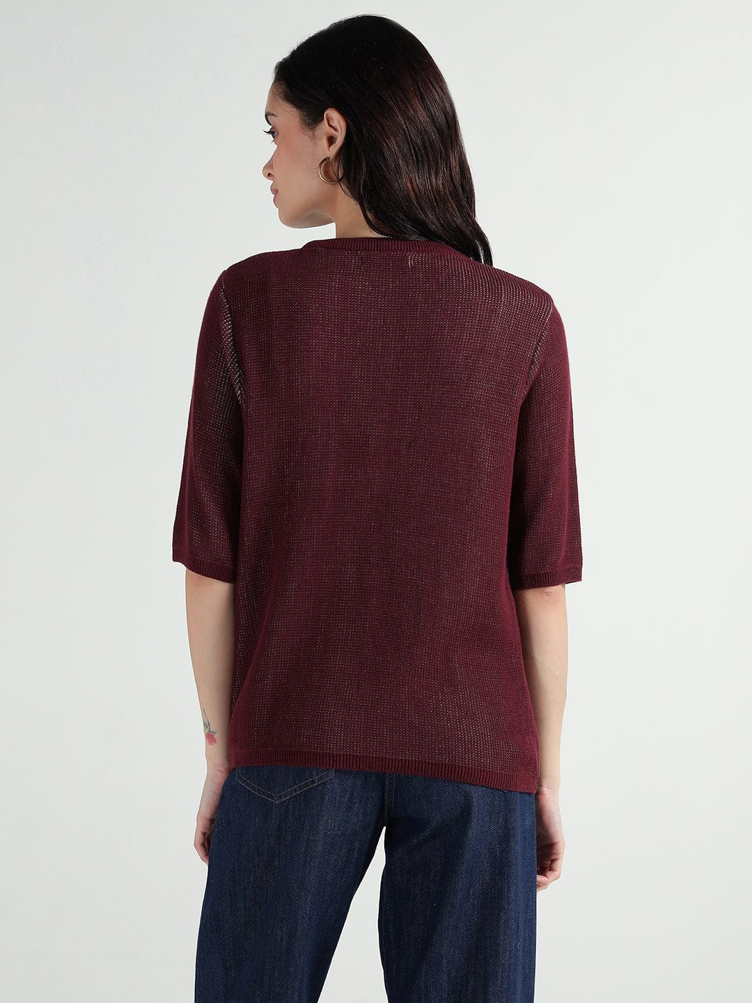 Elle Women Red Knitted Round Neck Tshirt