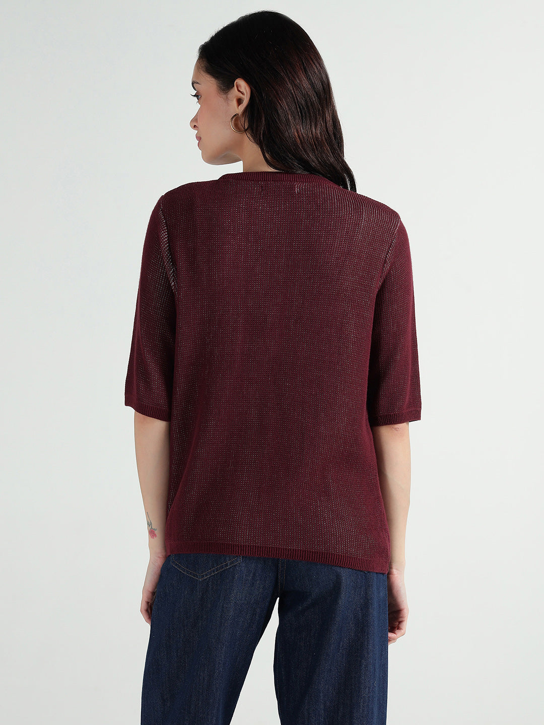 Elle Women Red Knitted Round Neck Tshirt