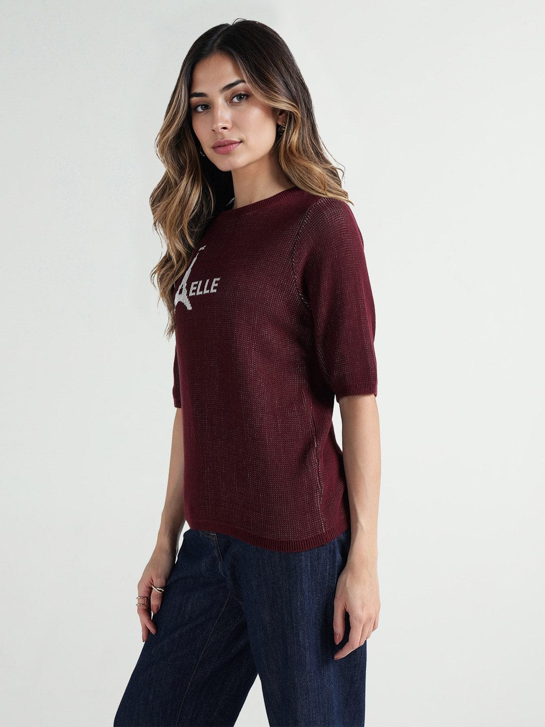 Elle Women Red Knitted Round Neck Tshirt