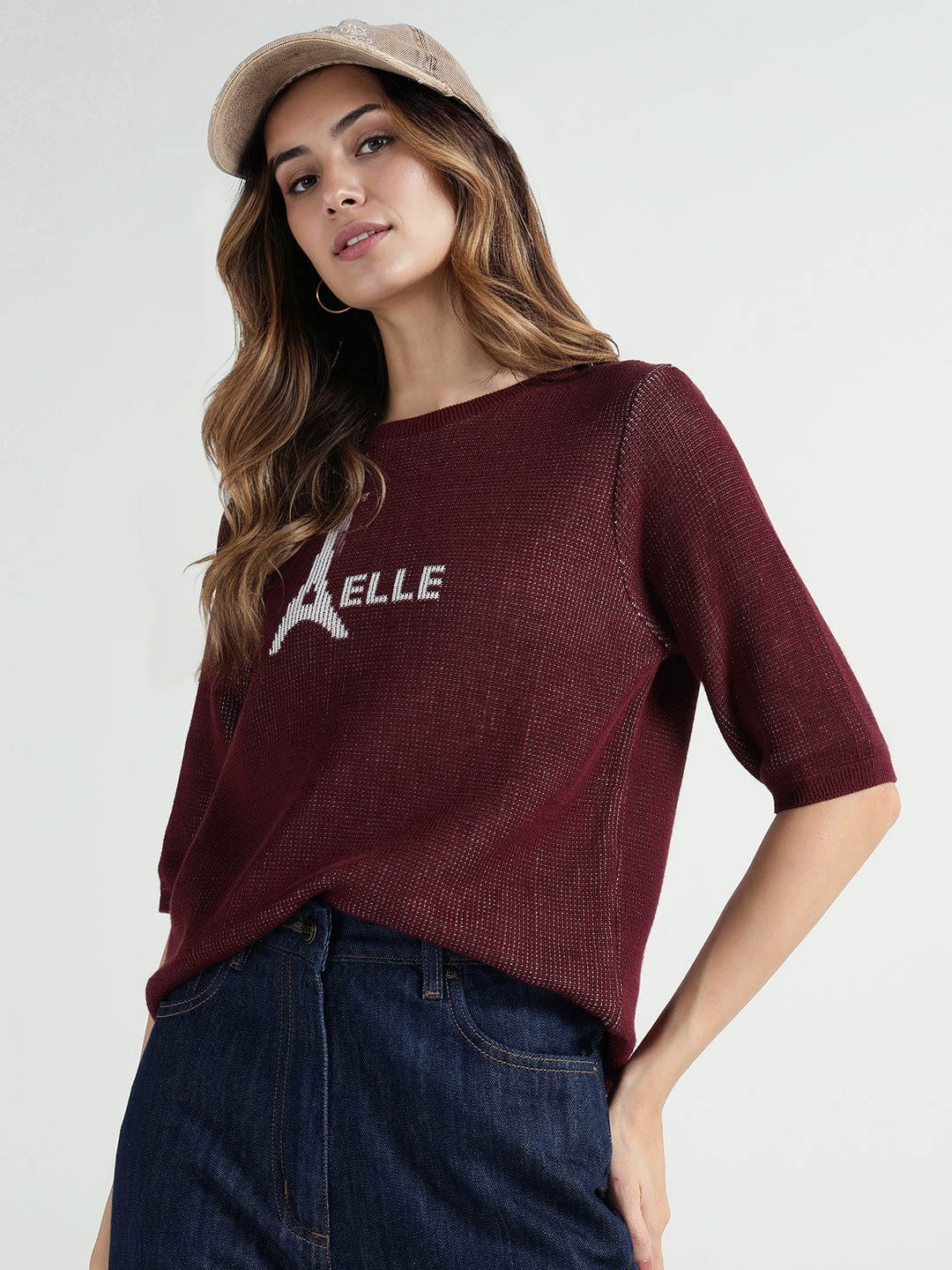 Elle Women Red Knitted Round Neck Tshirt