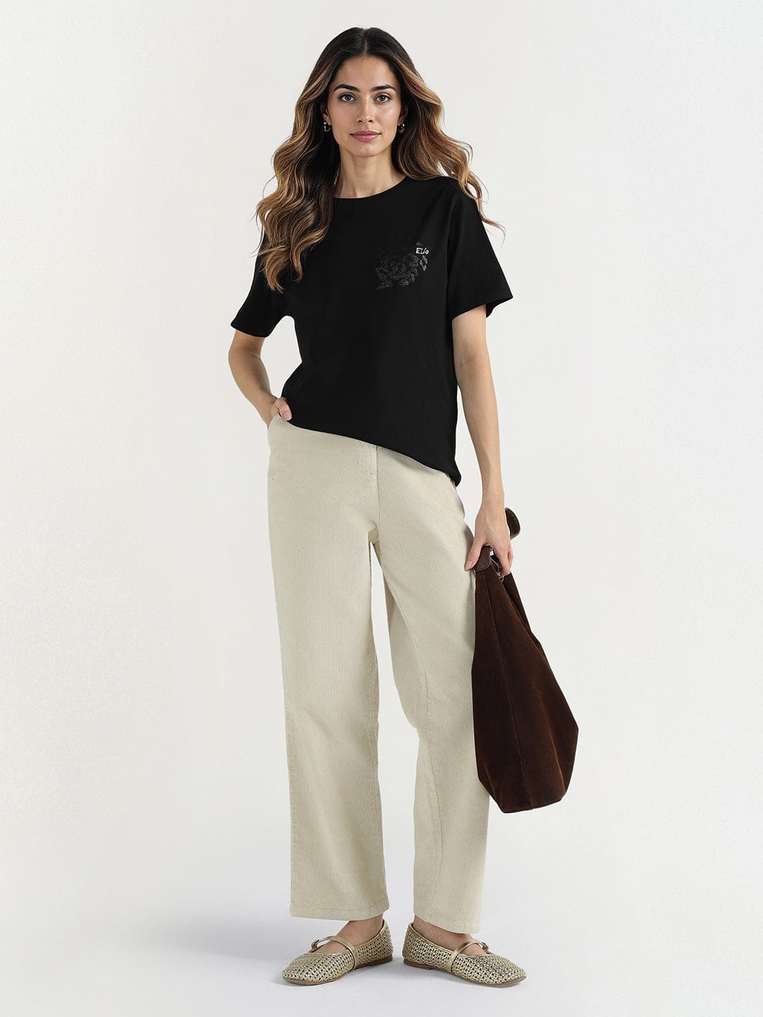 Elle Women Black Solid Crew Neck Tshirt