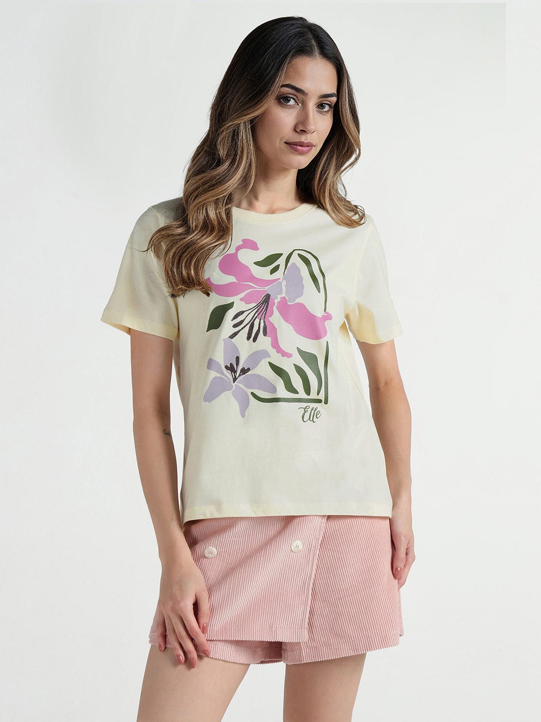 Elle Women Cream Printed Crew Neck Tshirt