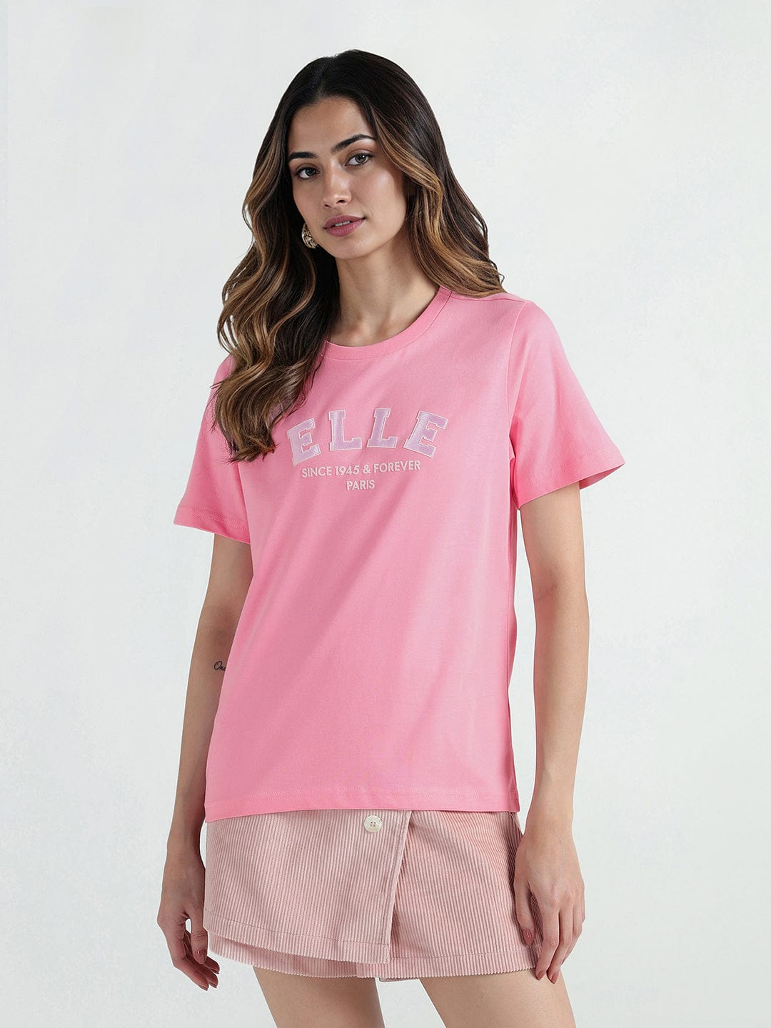 Elle Women Pink Solid Crew Neck Tshirt