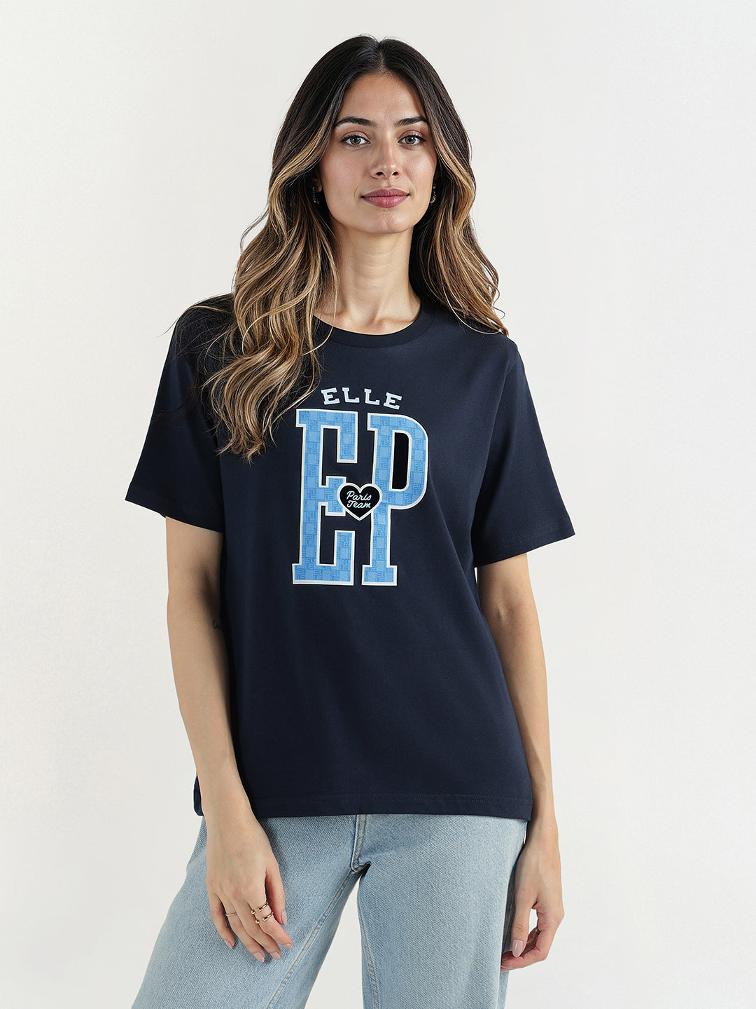 Elle Women Blue Graphic Crew Neck Tshirt