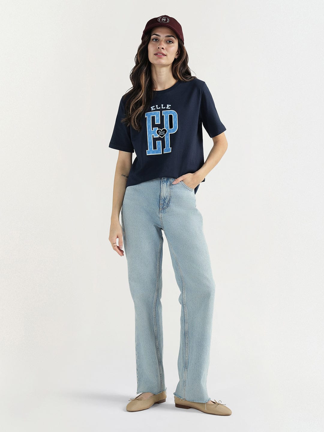 Elle Women Blue Graphic Crew Neck Tshirt