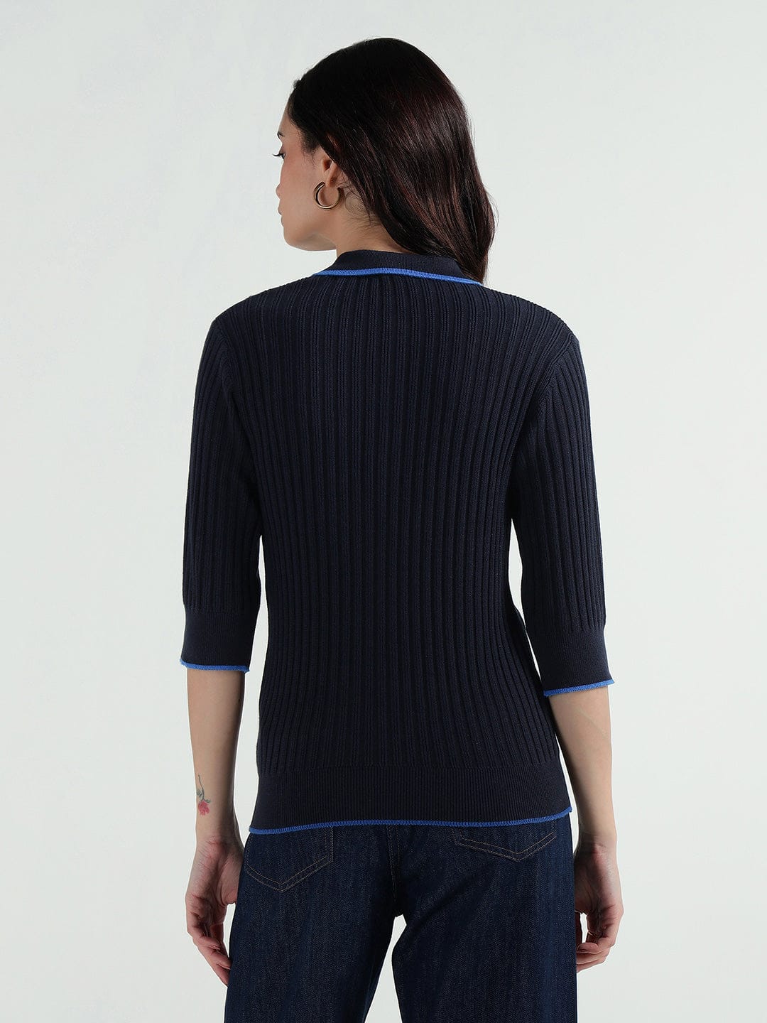 Elle Women Blue Ribbed Collar Tshirt