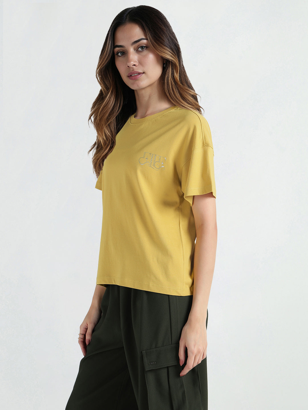Elle Women Yellow Embellished Crew Neck Tshirt