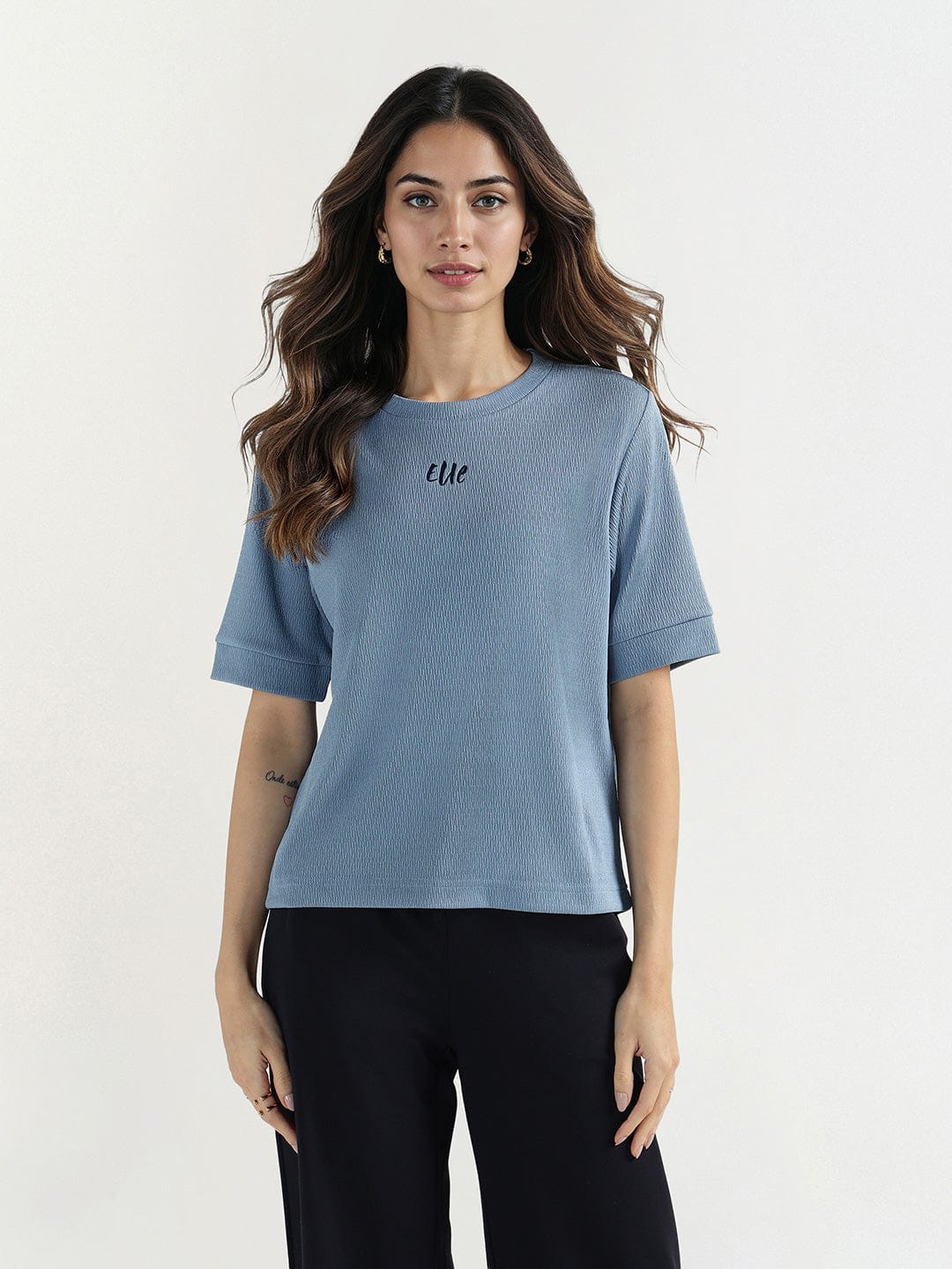 Elle Women Blue Textured Round Neck Tshirt