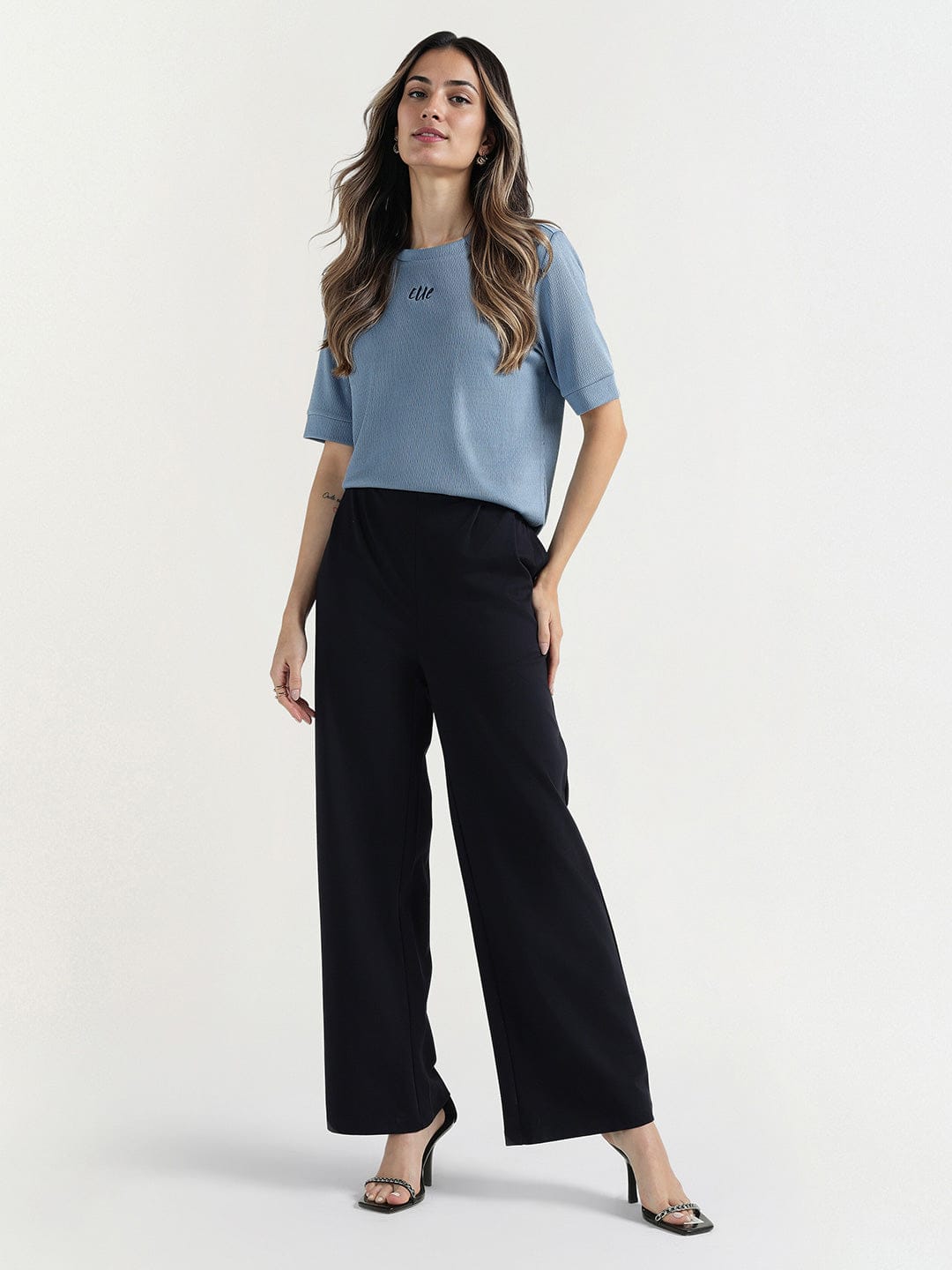 Elle Women Blue Textured Round Neck Tshirt