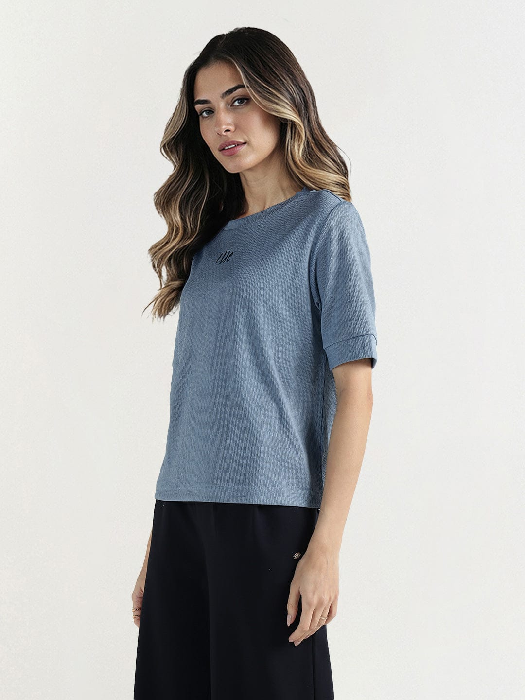 Elle Women Blue Textured Round Neck Tshirt