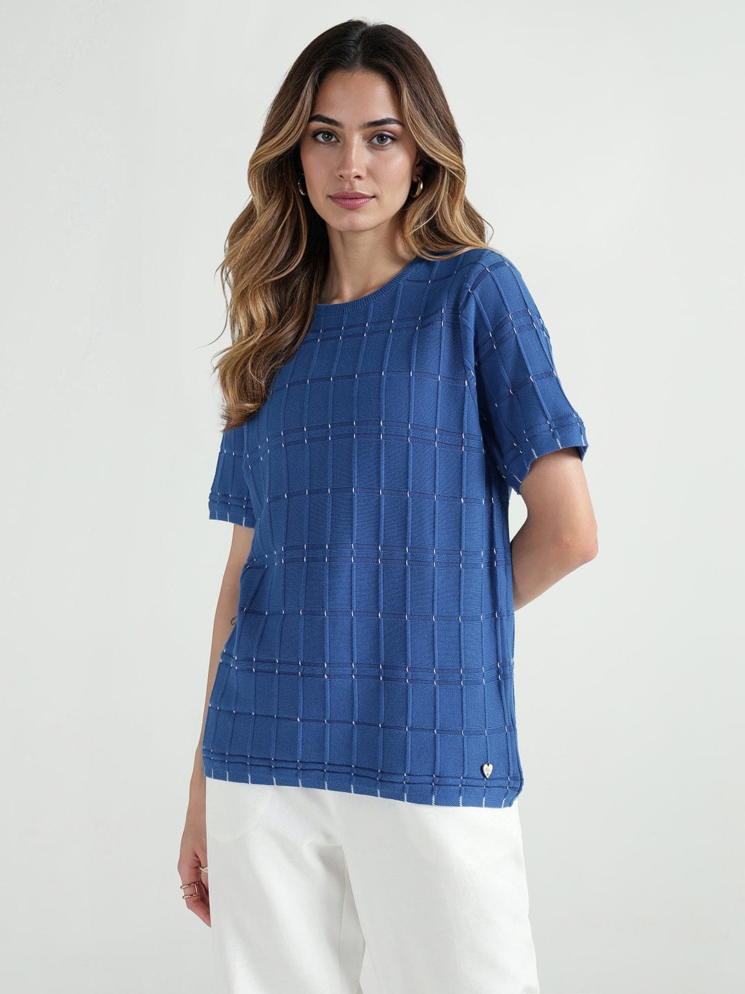 Elle Women Blue Textured Crew Neck Tshirt