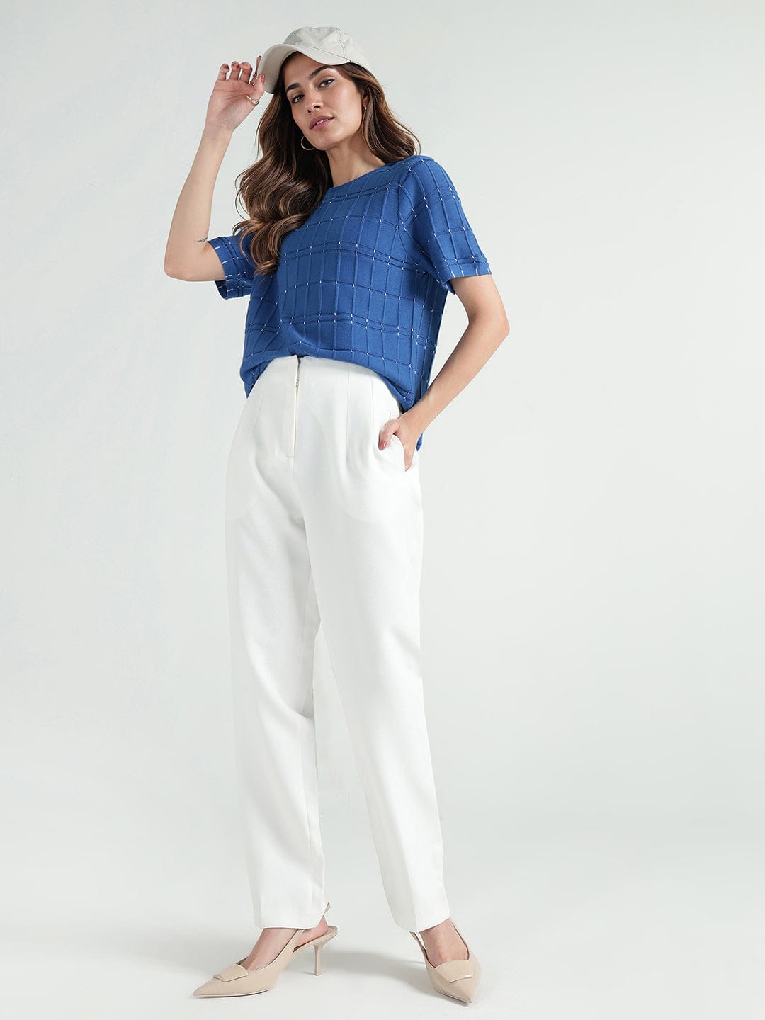 Elle Women Blue Textured Crew Neck Tshirt