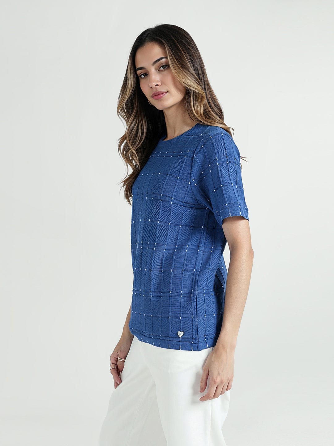 Elle Women Blue Textured Crew Neck Tshirt