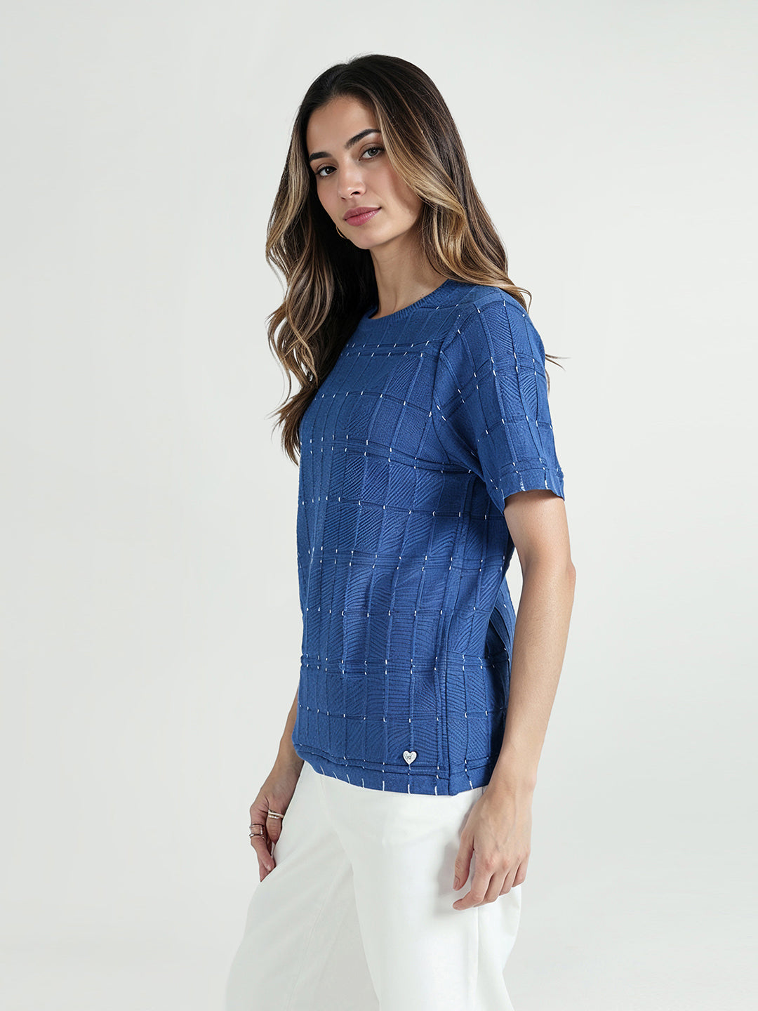 Elle Women Blue Textured Crew Neck Tshirt