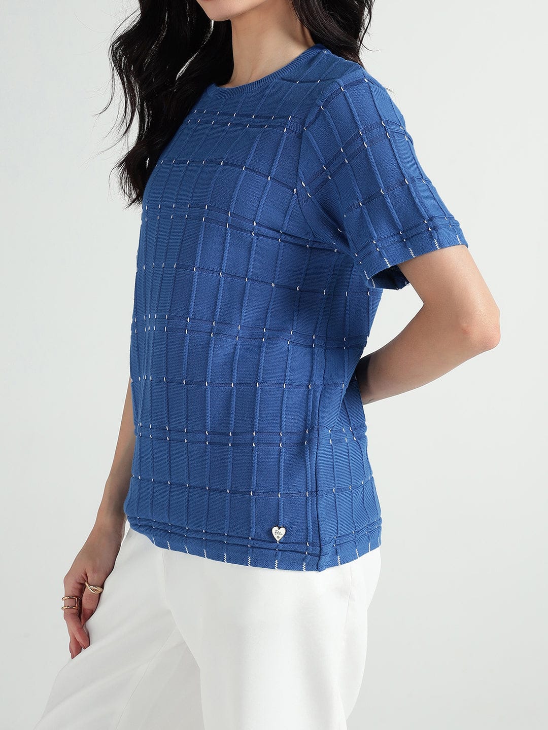 Elle Women Blue Textured Crew Neck Tshirt