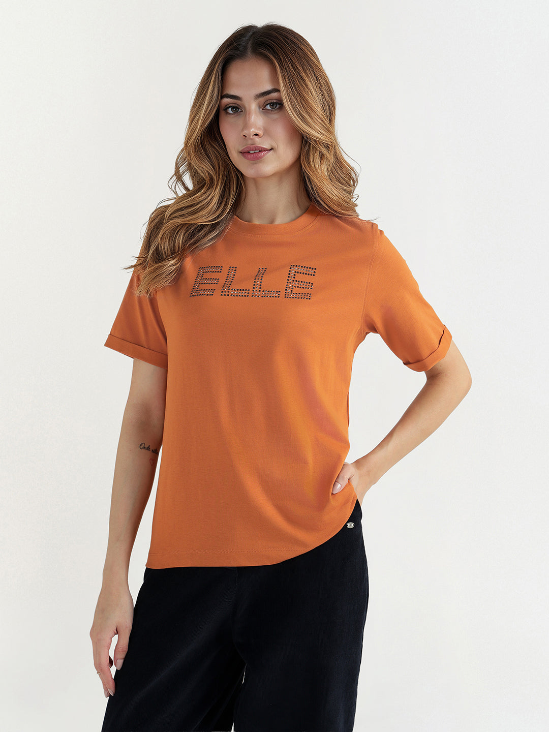Elle Women Brown Graphic Crew Neck Tshirt
