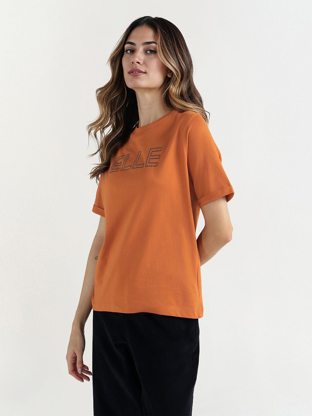 Elle Women Brown Graphic Crew Neck Tshirt