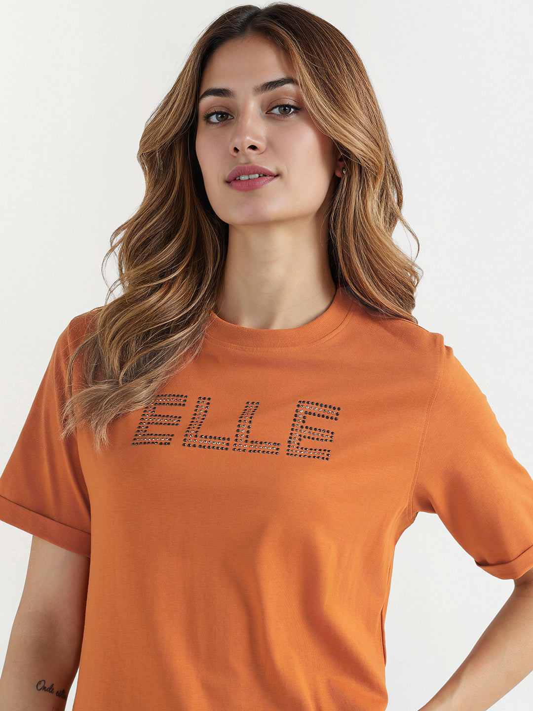 Elle Women Brown Graphic Crew Neck Tshirt