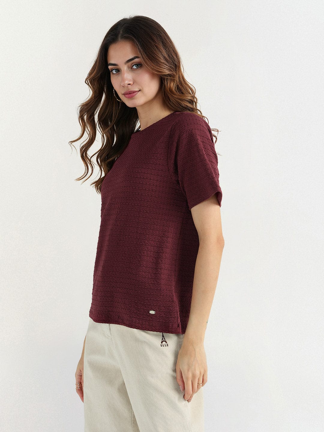 Elle Women Red Plain Crew Neck Tshirt