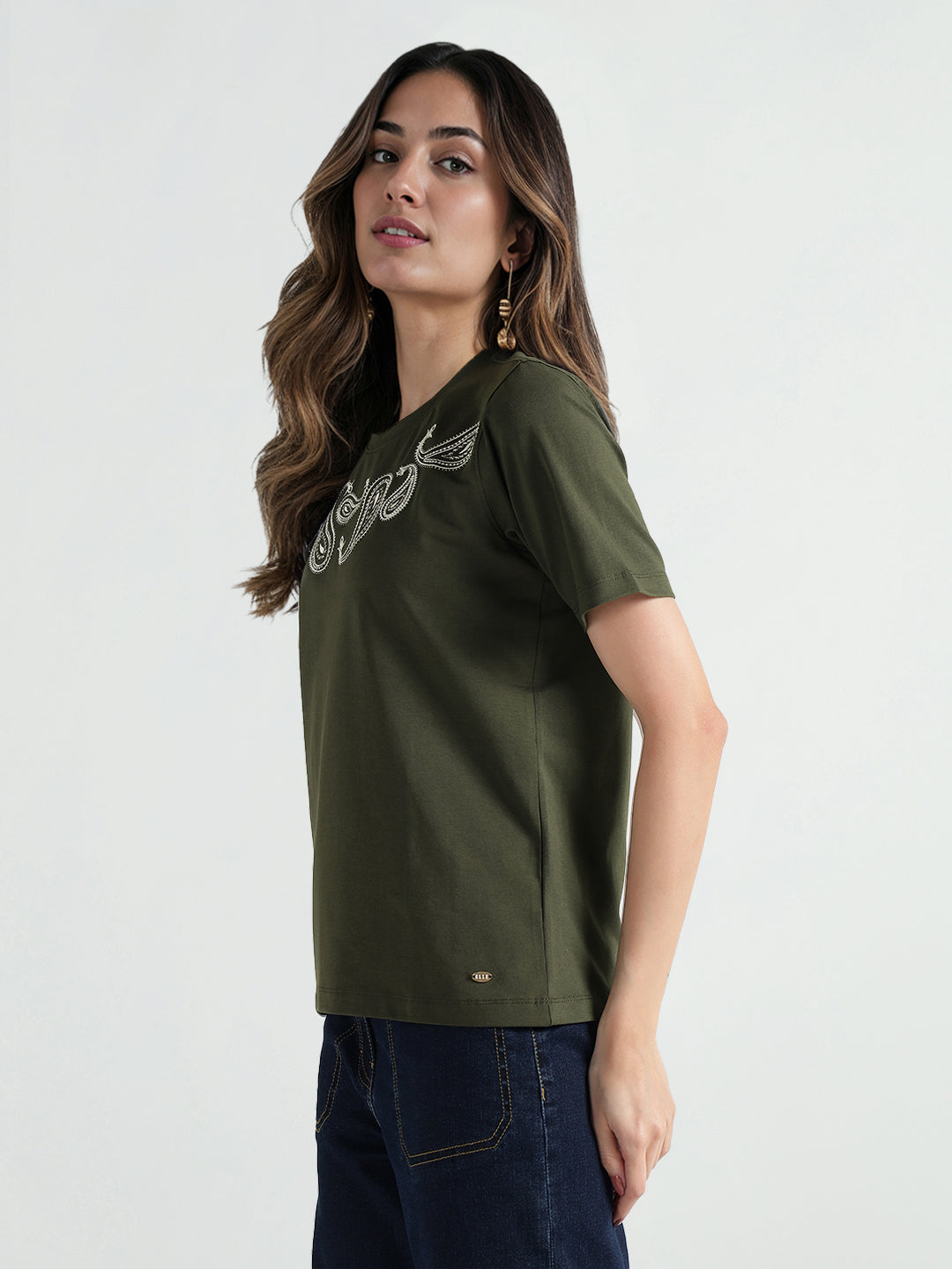 Elle Women Green Solid Round Neck Tshirt