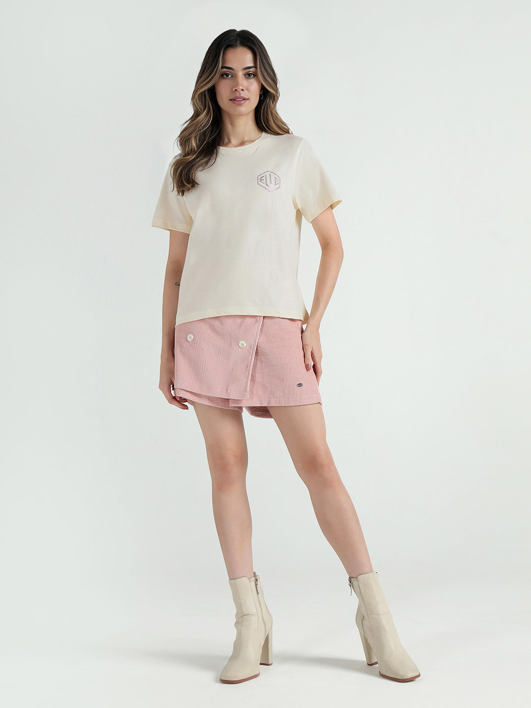 Elle Women Cream Knitted Crew Neck Tshirt