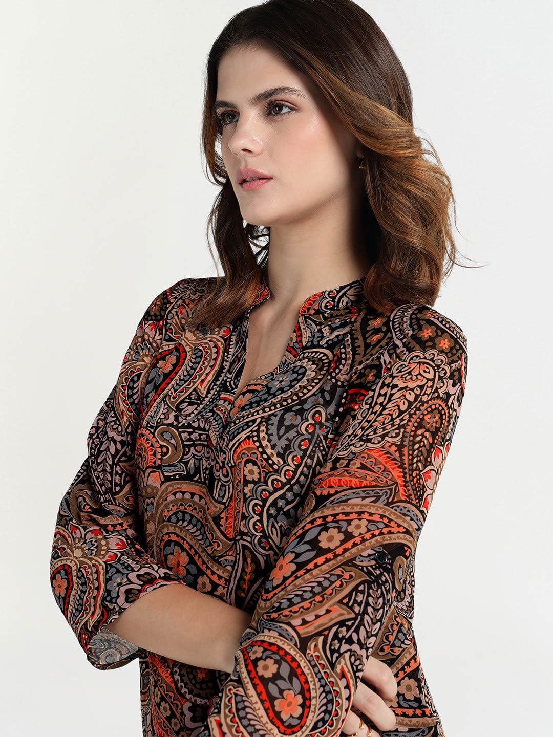 Elle Women Brown V Neck Top