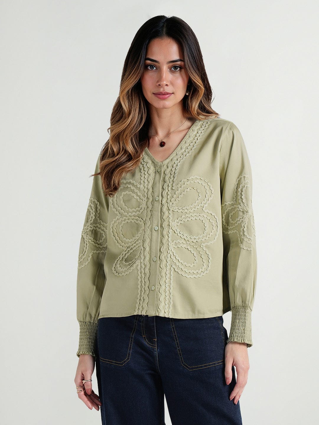 Elle Women Green Embroidered Band Collar Top