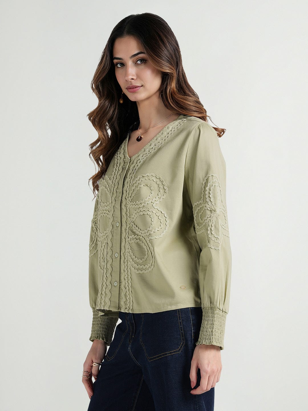 Elle Women Green Embroidered Band Collar Top