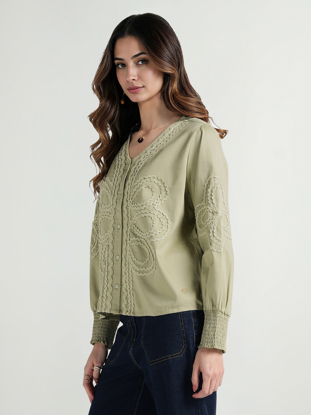 Elle Women Green Embroidered Band Collar Top