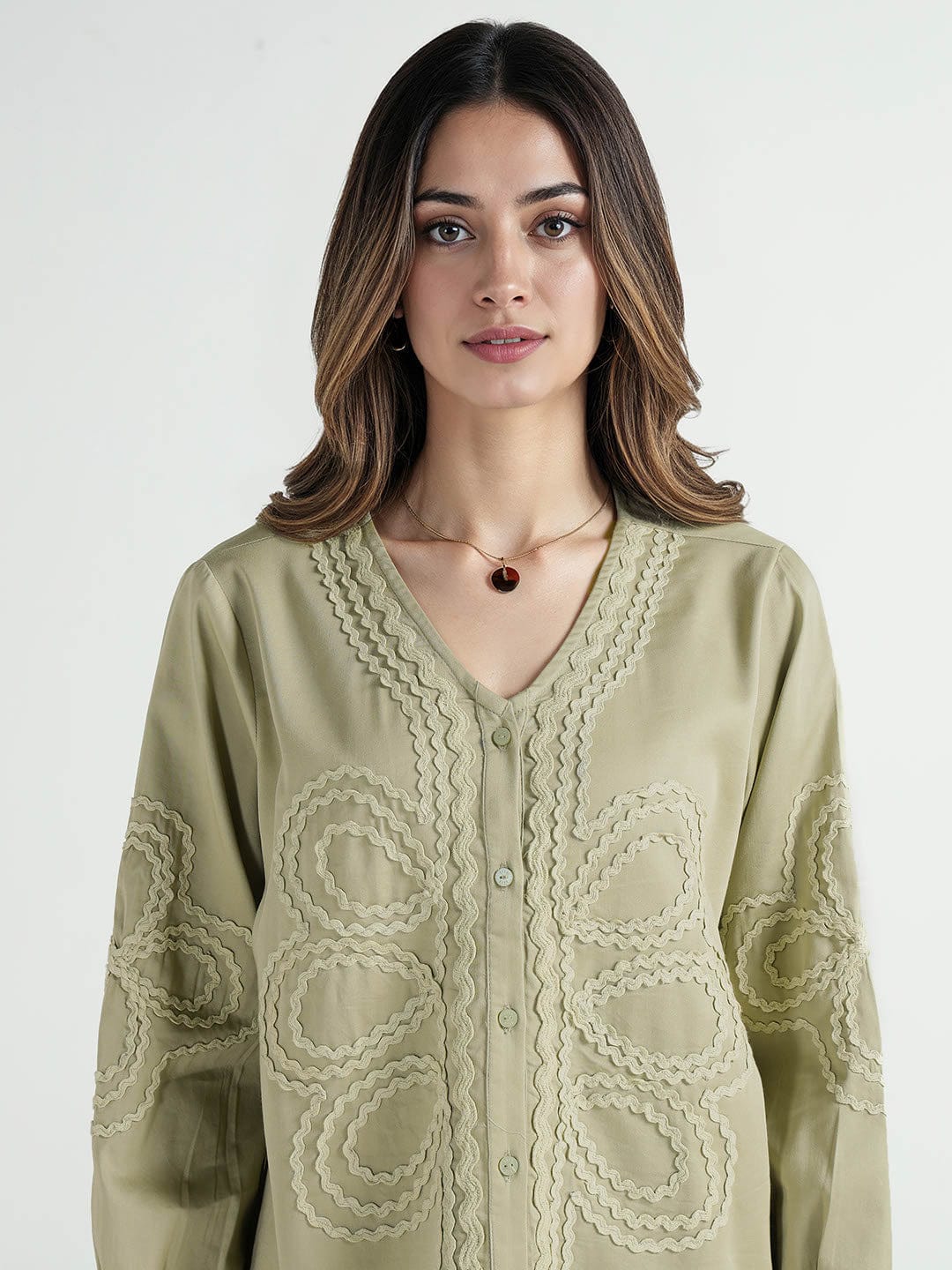 Elle Women Green Embroidered Band Collar Top