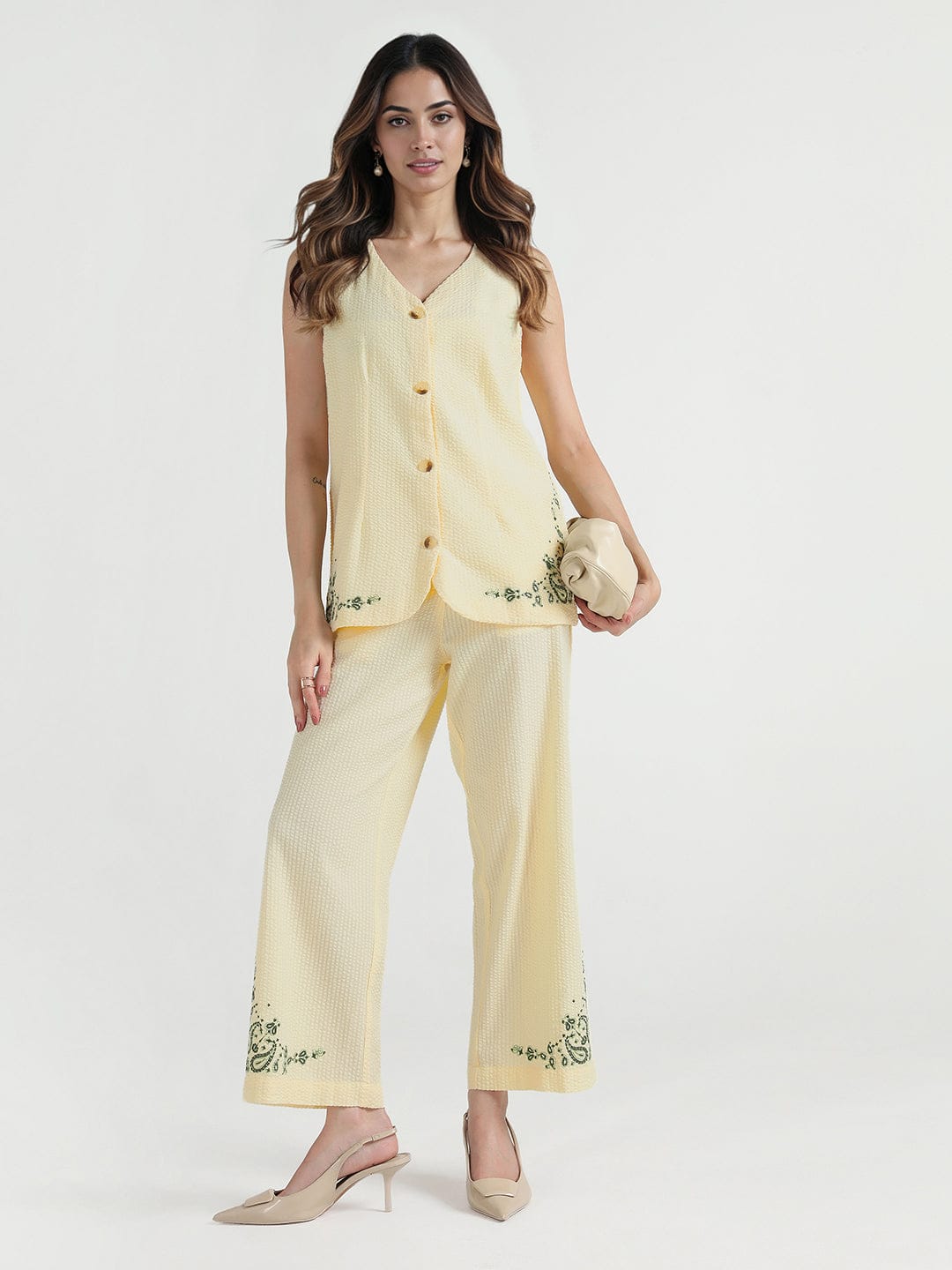 Elle Women Cream Embroidered V Neck Top