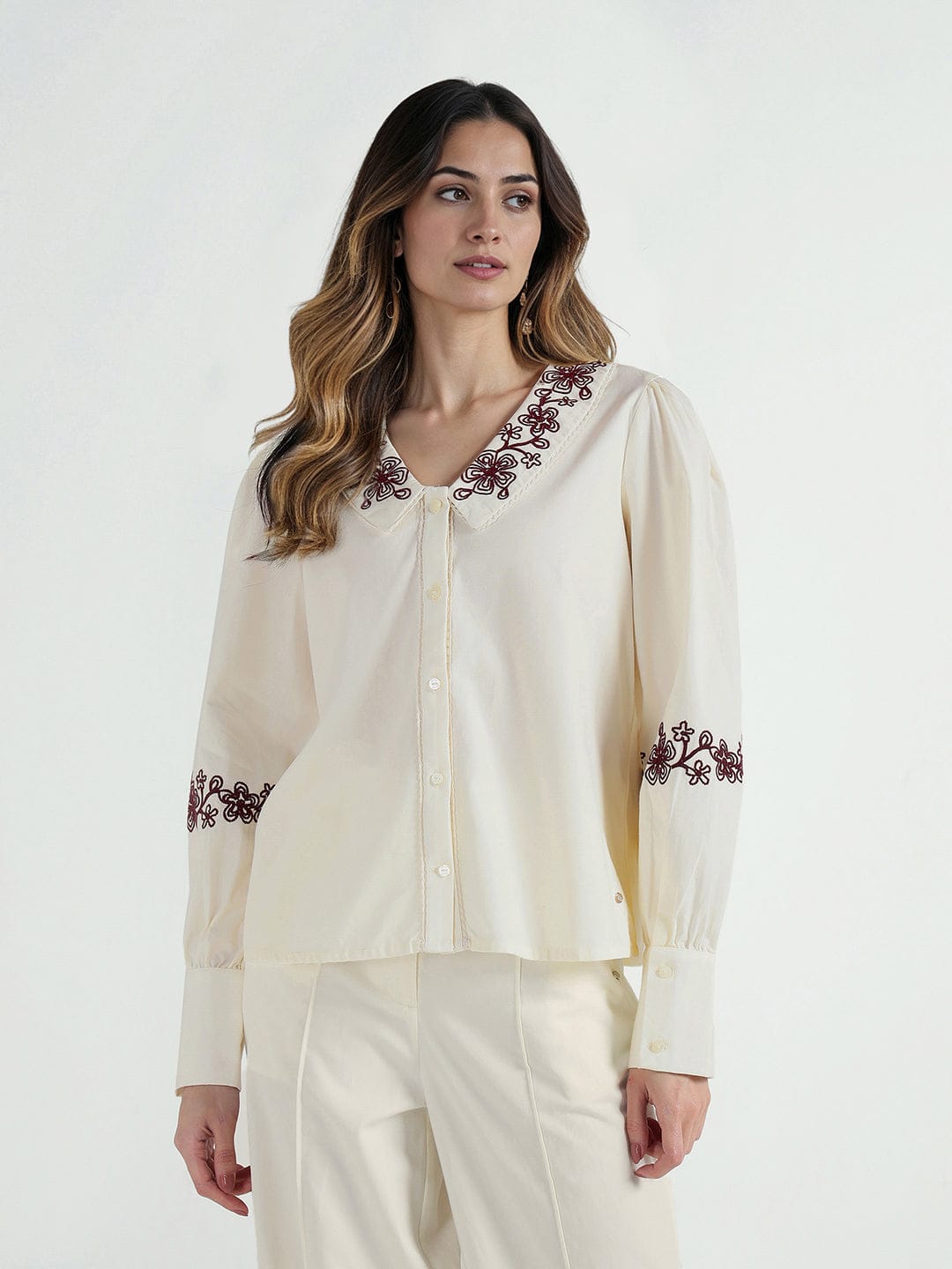 Elle Women Cream Embroidered Collar Top
