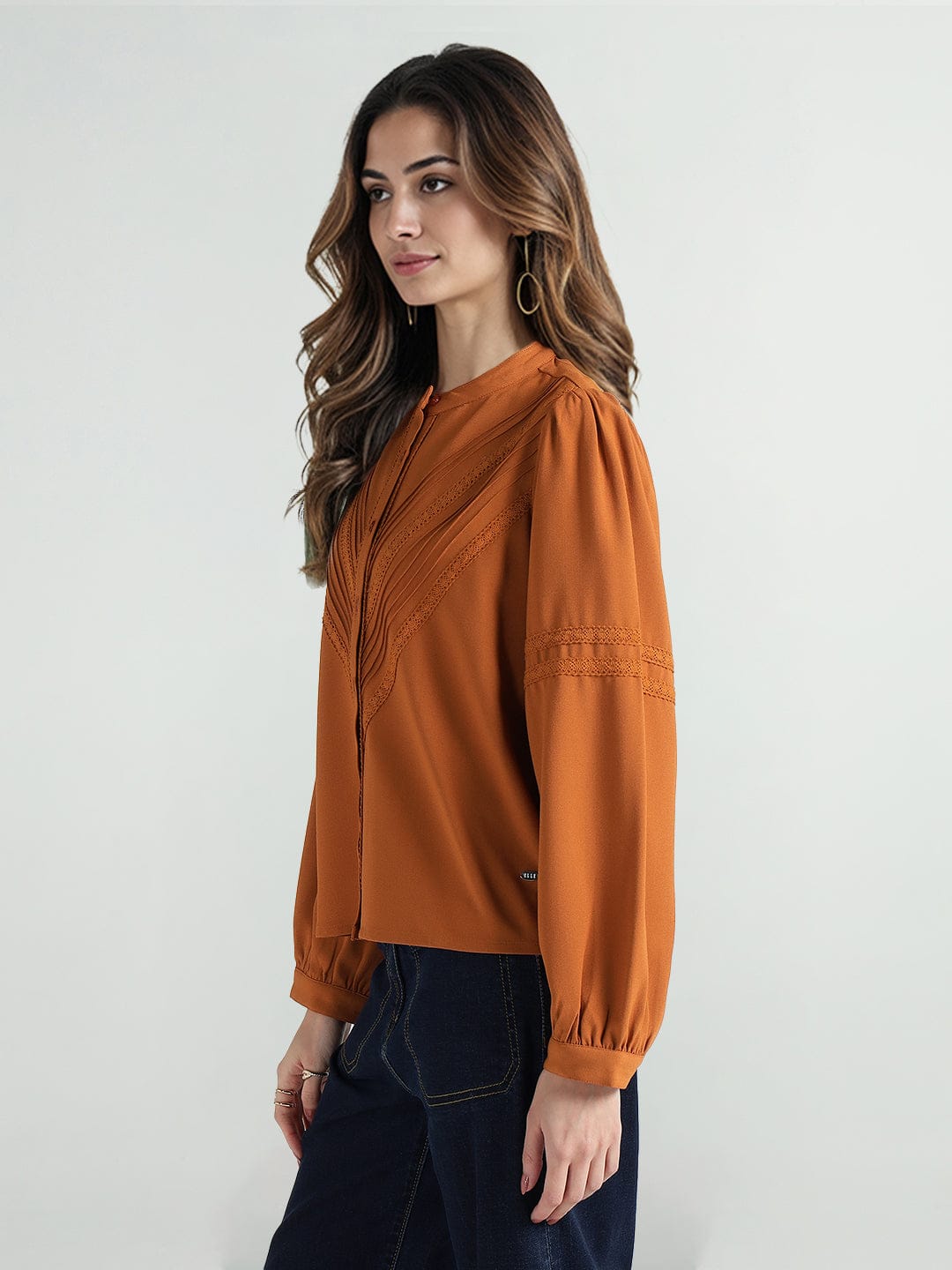 Elle Women Brown Lace Collar Top