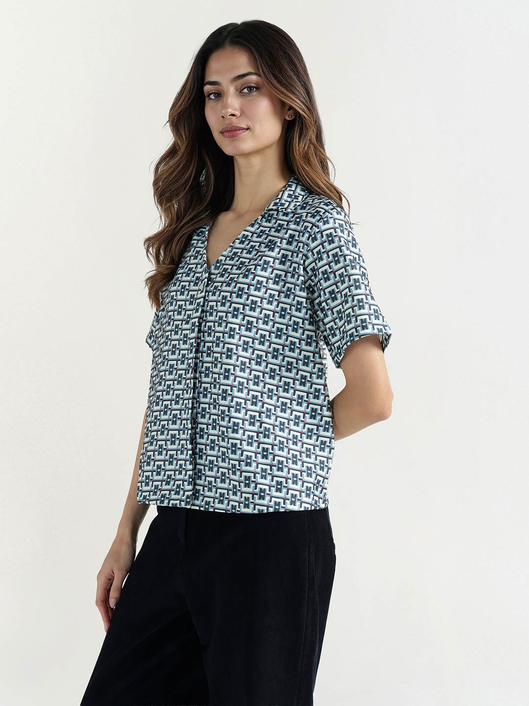 Elle Women Multi Geometric Print Collar Top