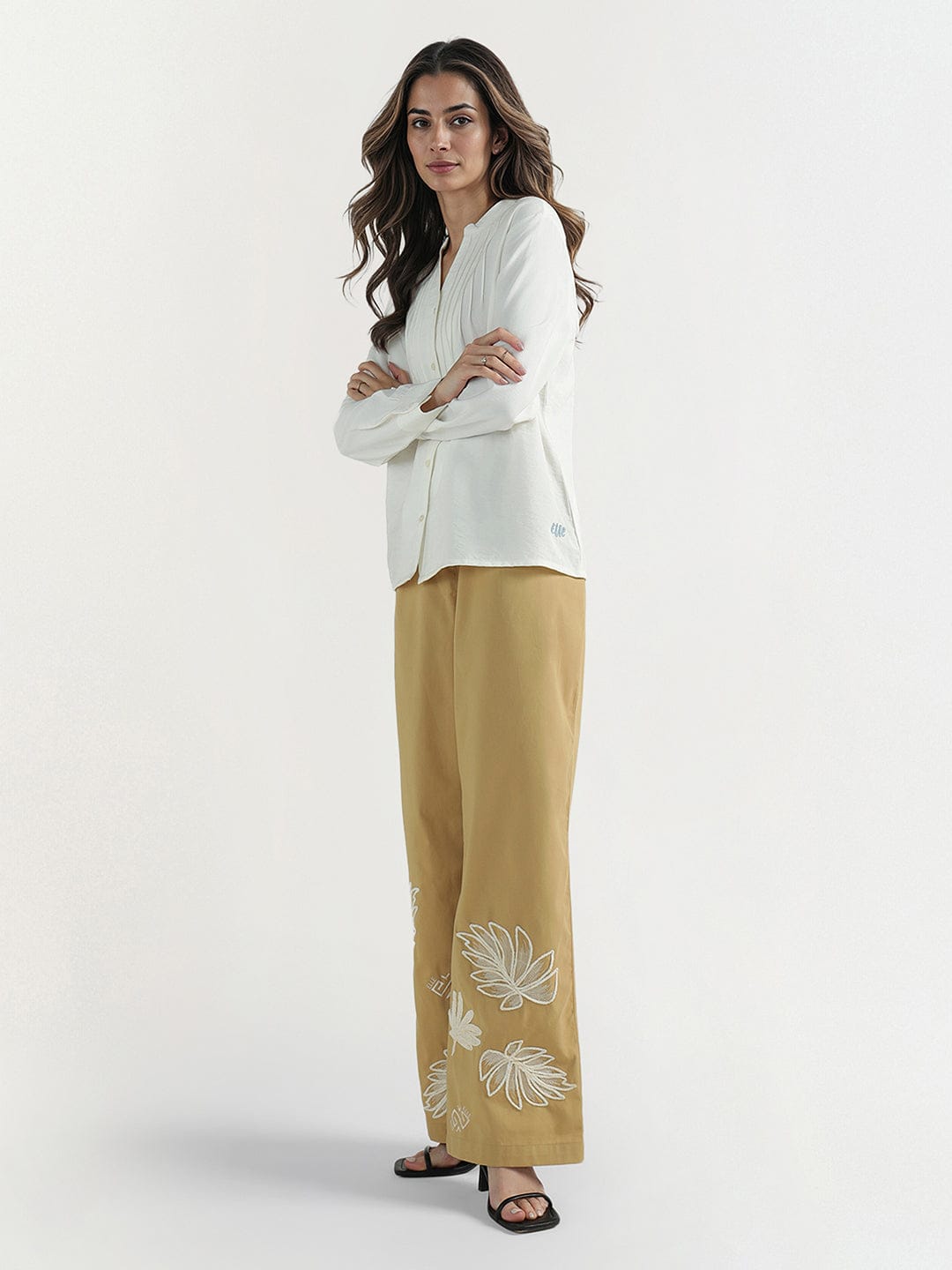 Elle Women White Solid Band Collar Top