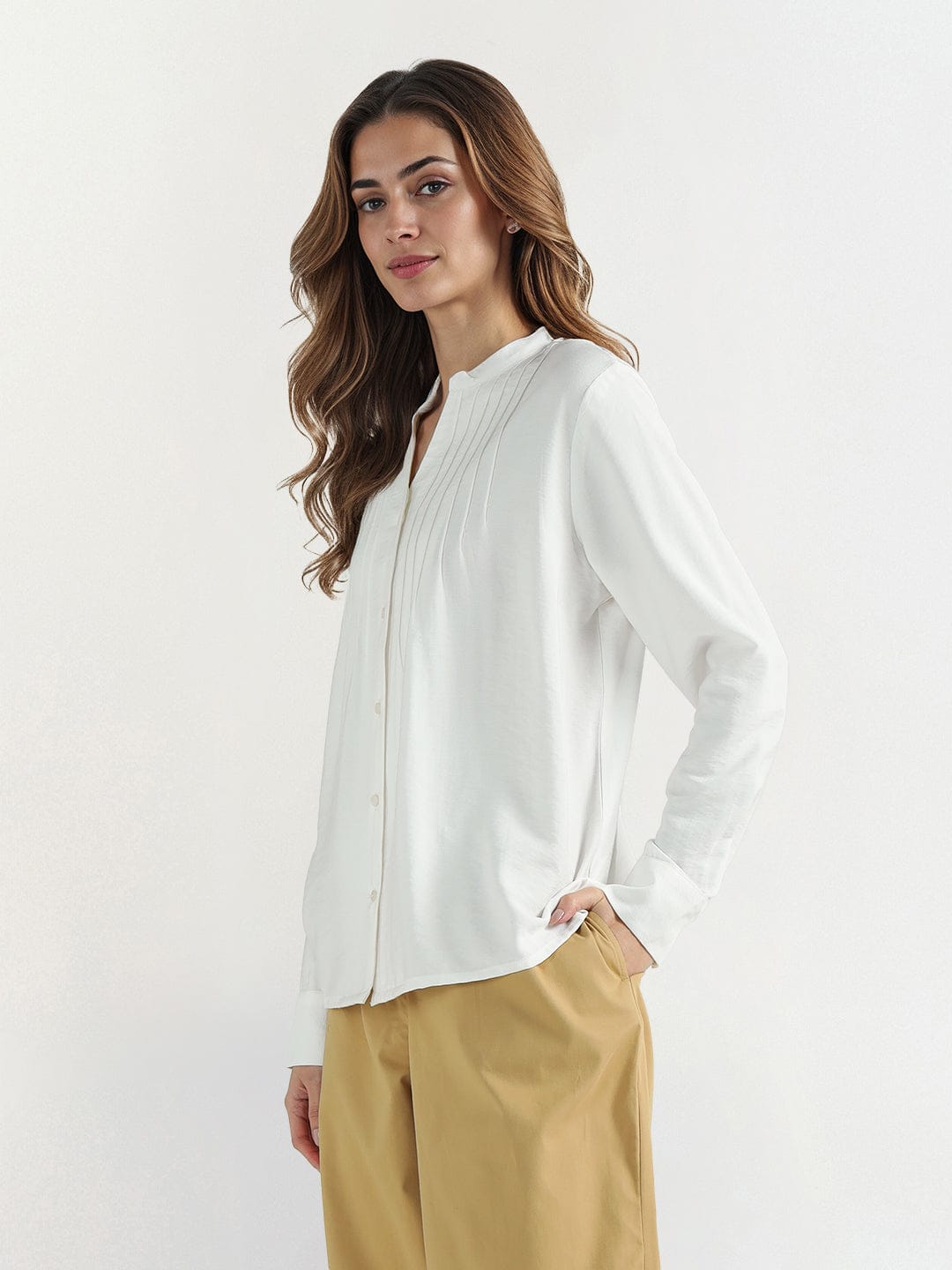 Elle Women White Solid Band Collar Top