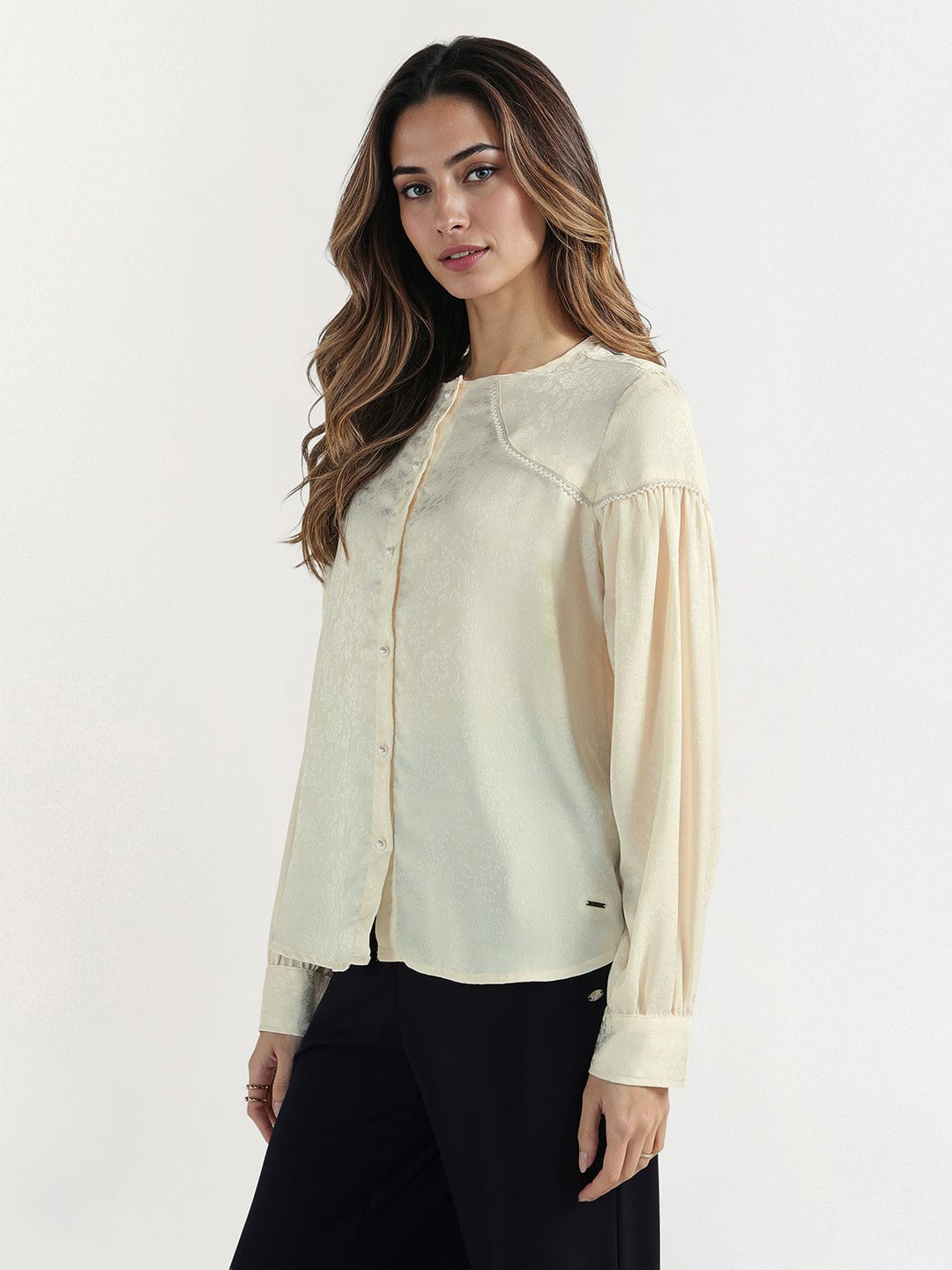 Elle Women Cream Solid Crew Neck Top