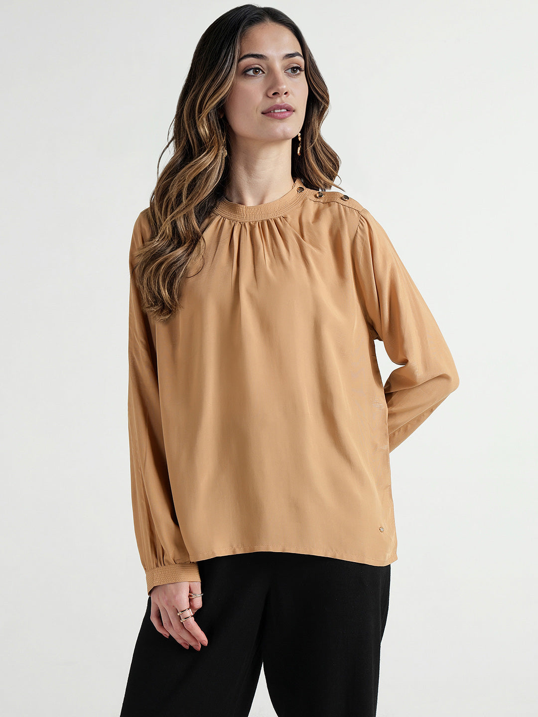 Elle Women Beige Solid Band Collar Top
